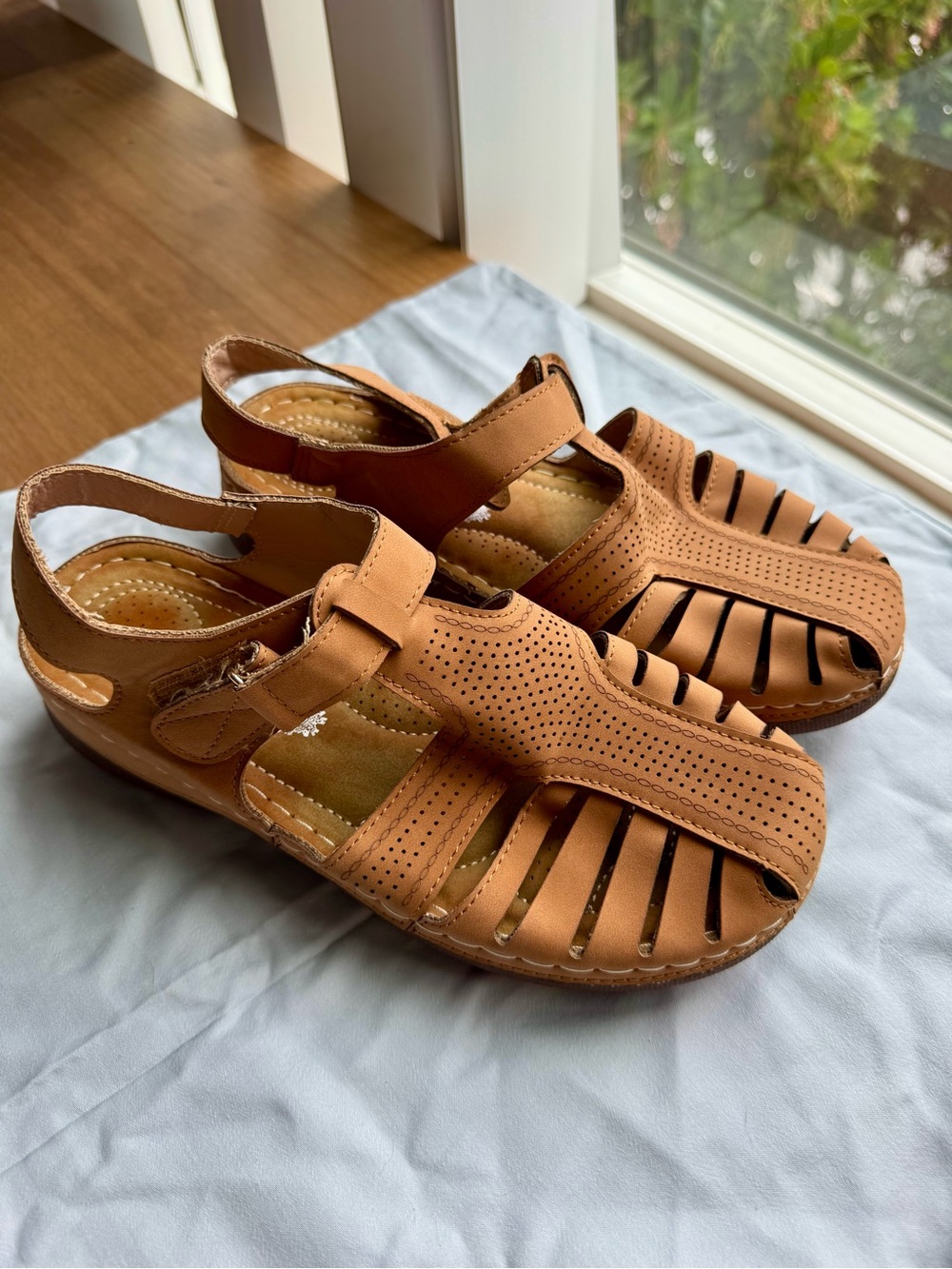 Atalina Closed-Toe Fisherman Sandals in Tan with Velcro Strap